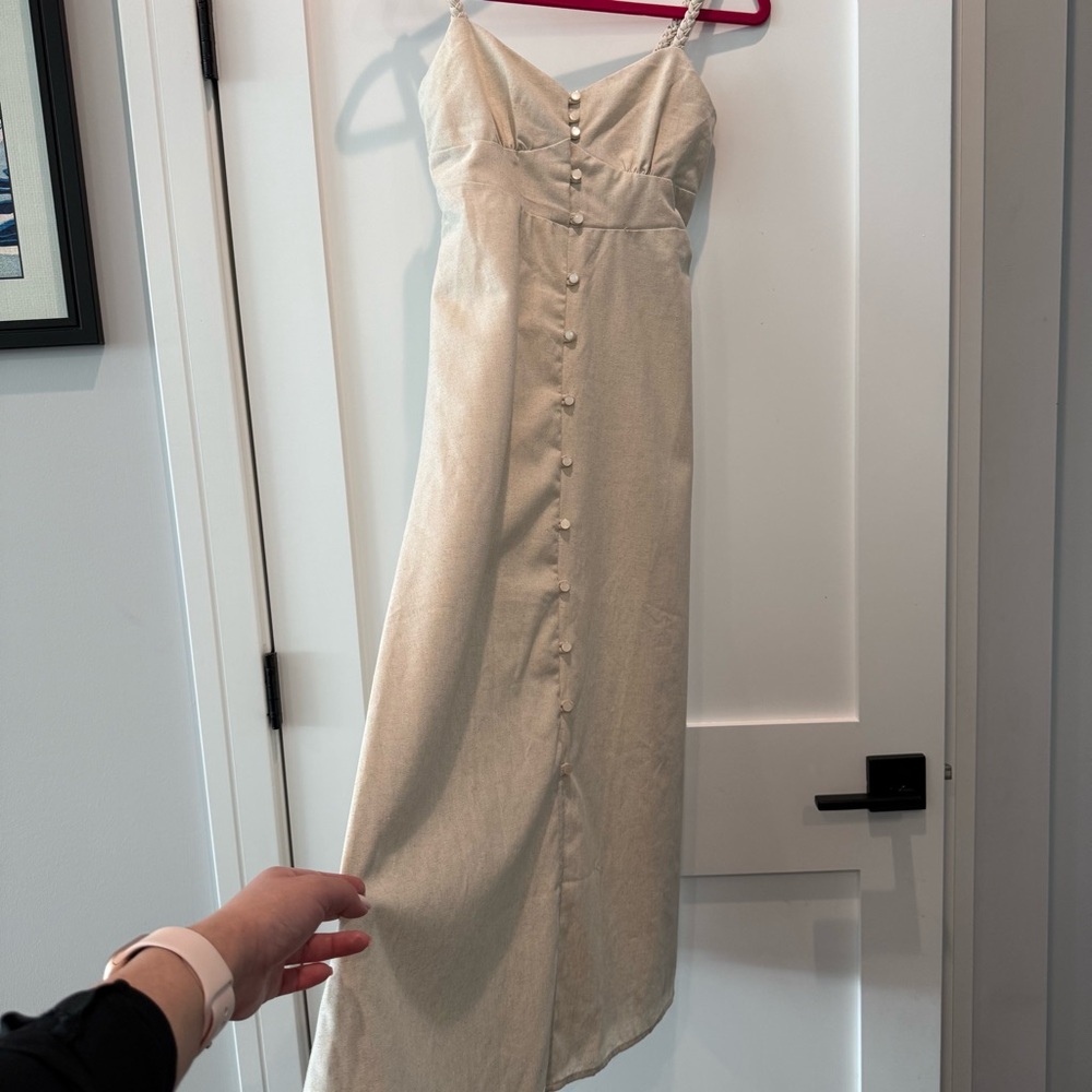 Cream Button-Front Midi Slip Dress with Spaghetti Straps